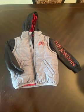 Jordan Kids Two-Tone Gray and Black Puffer Hoodie Jacket with Red Accents